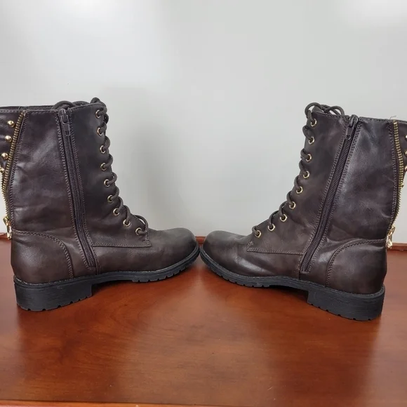 Michael Kors Dark Brown Leather with Gold Detail Lace/Zip Combat Boots Size 6 - Picture 4 of 12